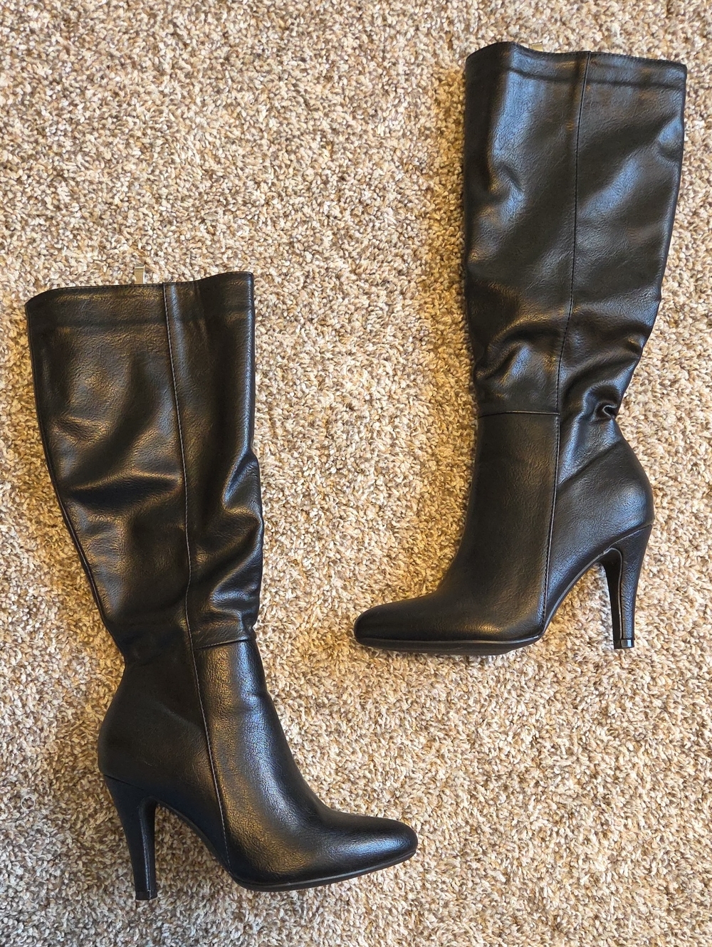 Women’s Black Faux Leather High-Heel Knee Boots